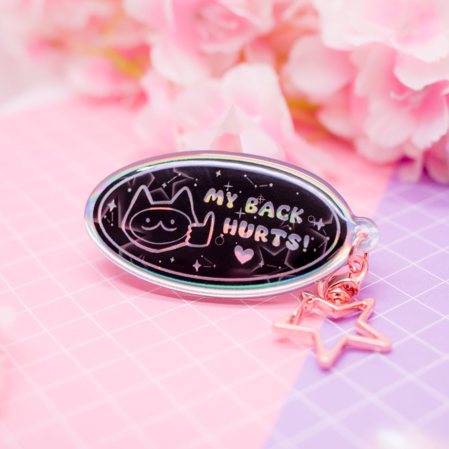 "MY BACK HURTS" cat rainbow holographic acrylic charm / keychain