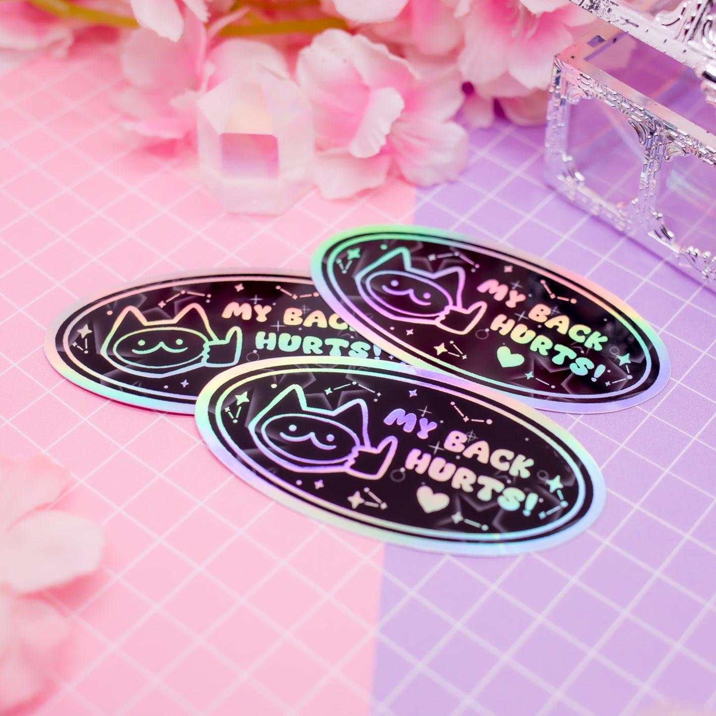 Cat "MY BACK HURTS" holographic vinyl sticker