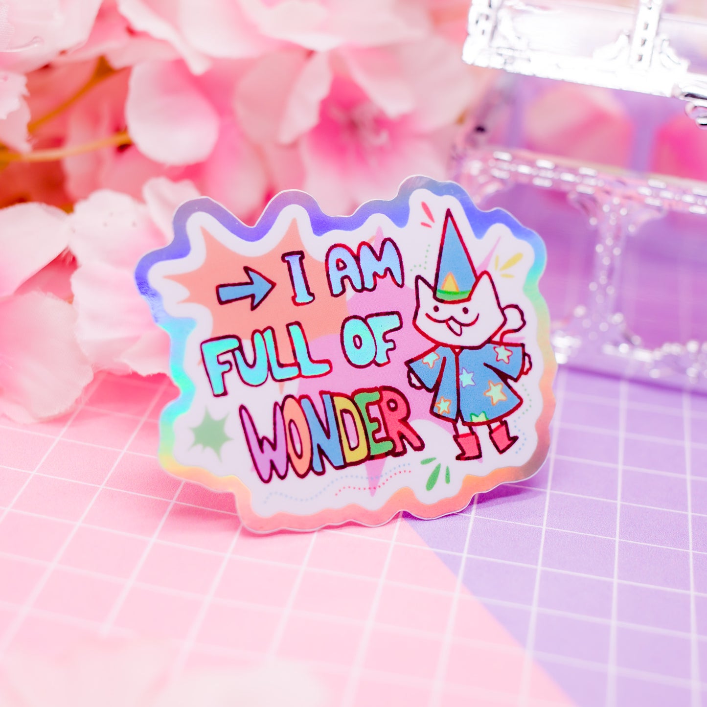 "I am full of WONDER" wizard cat holographic vinyl sticker