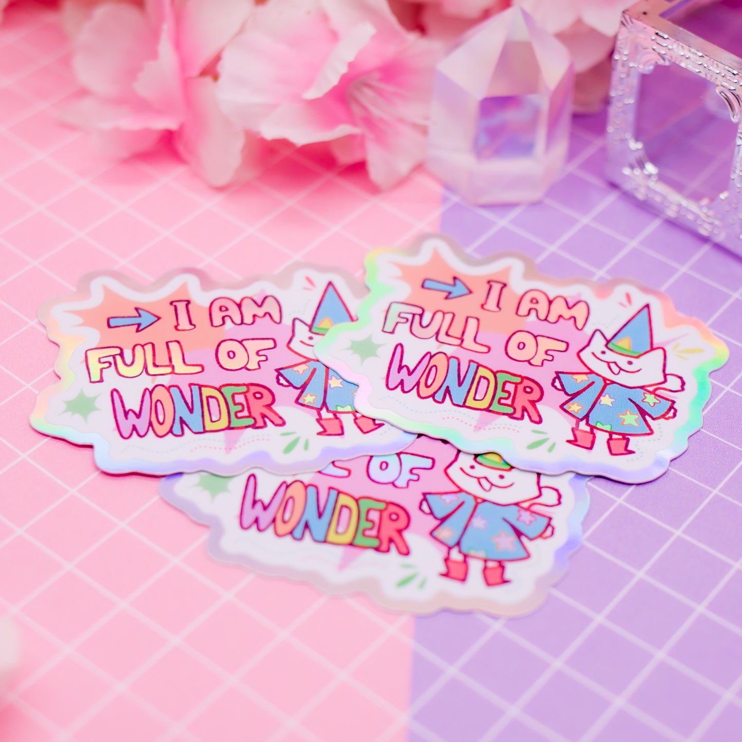 "I am full of WONDER" wizard cat holographic vinyl sticker