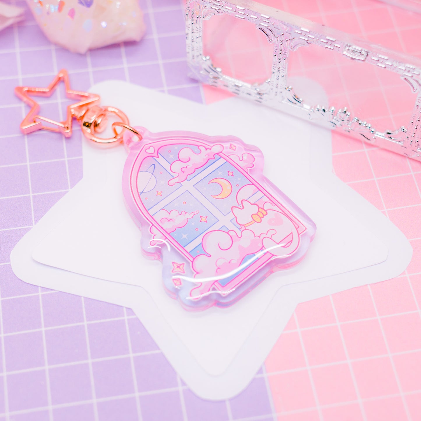 Pastel Dreams - Cat in the Window acrylic charm / keychain (gradient acrylic)