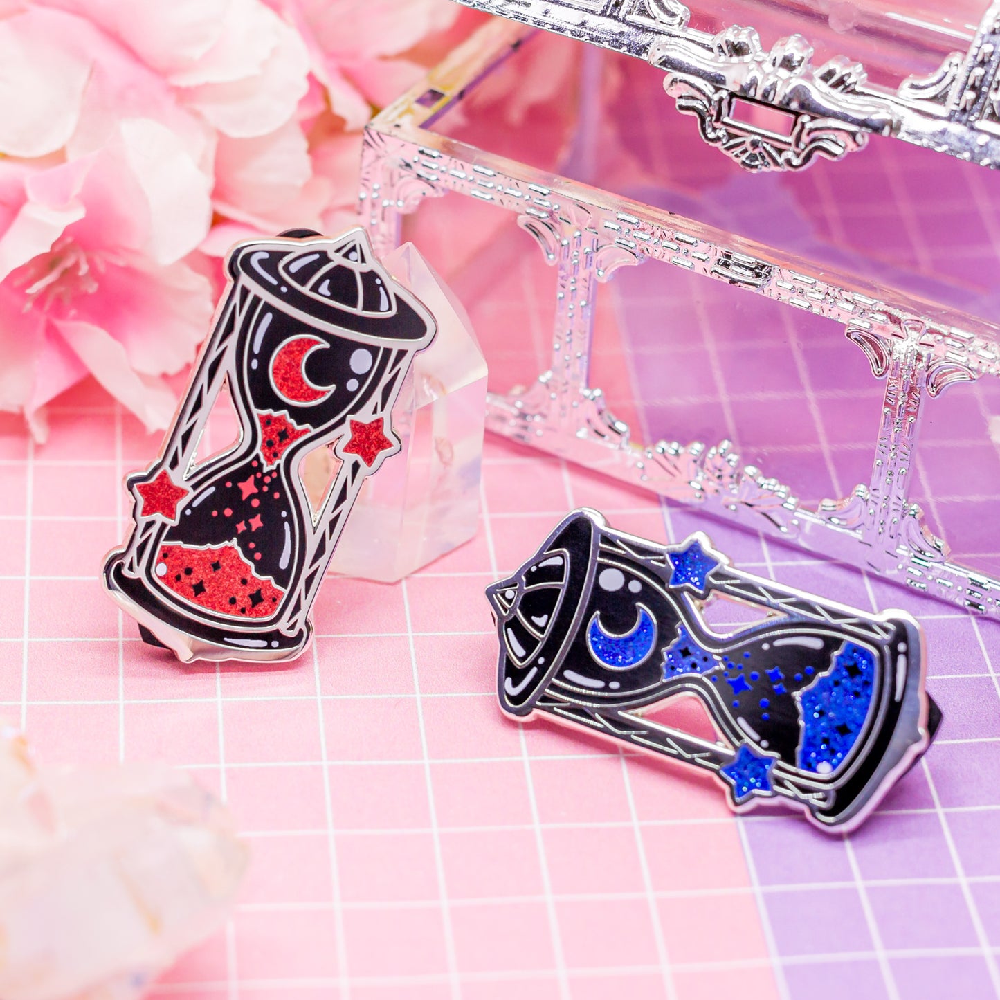 Blood Moon - cosmic glittering sand hourglass enamel pin