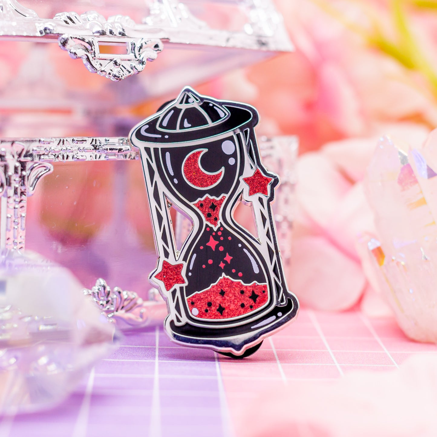 Blood Moon - cosmic glittering sand hourglass enamel pin