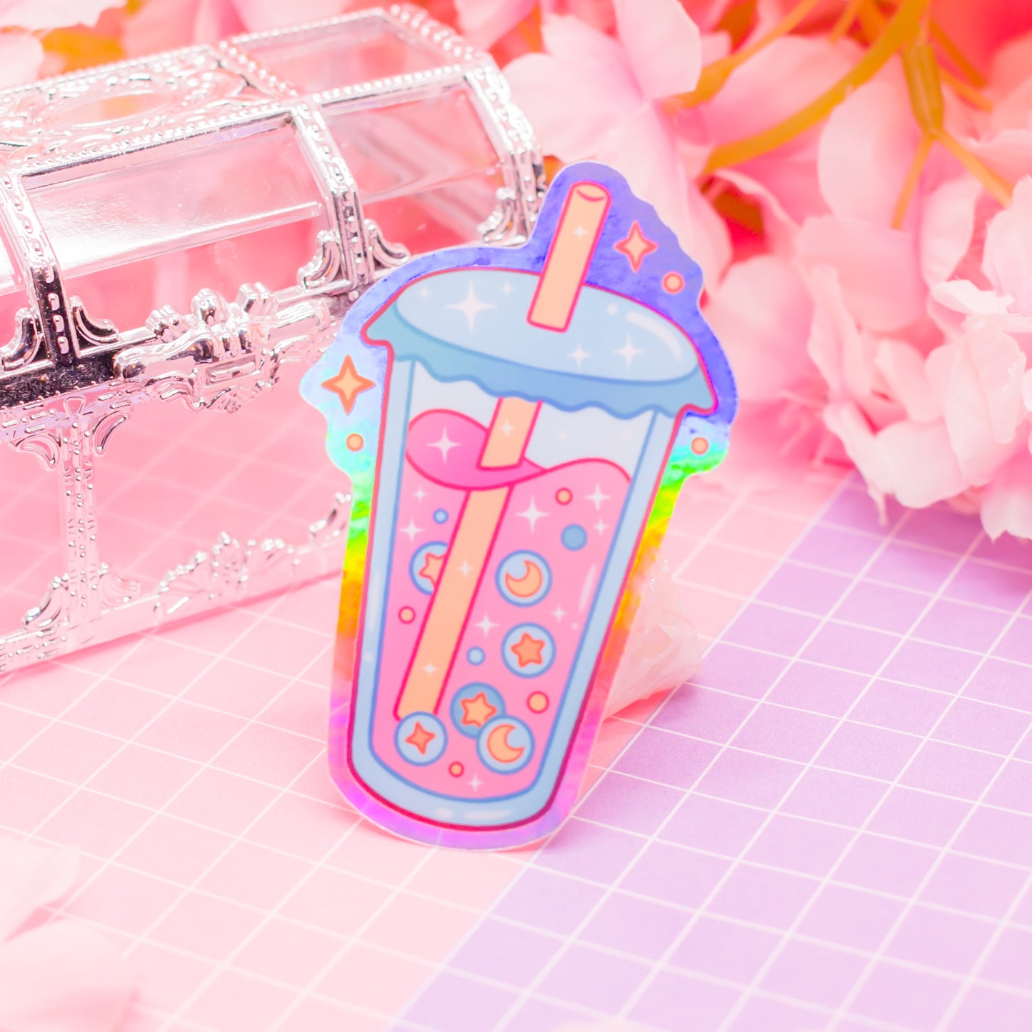 Cosmic Bubble Tea - holographic vinyl sticker