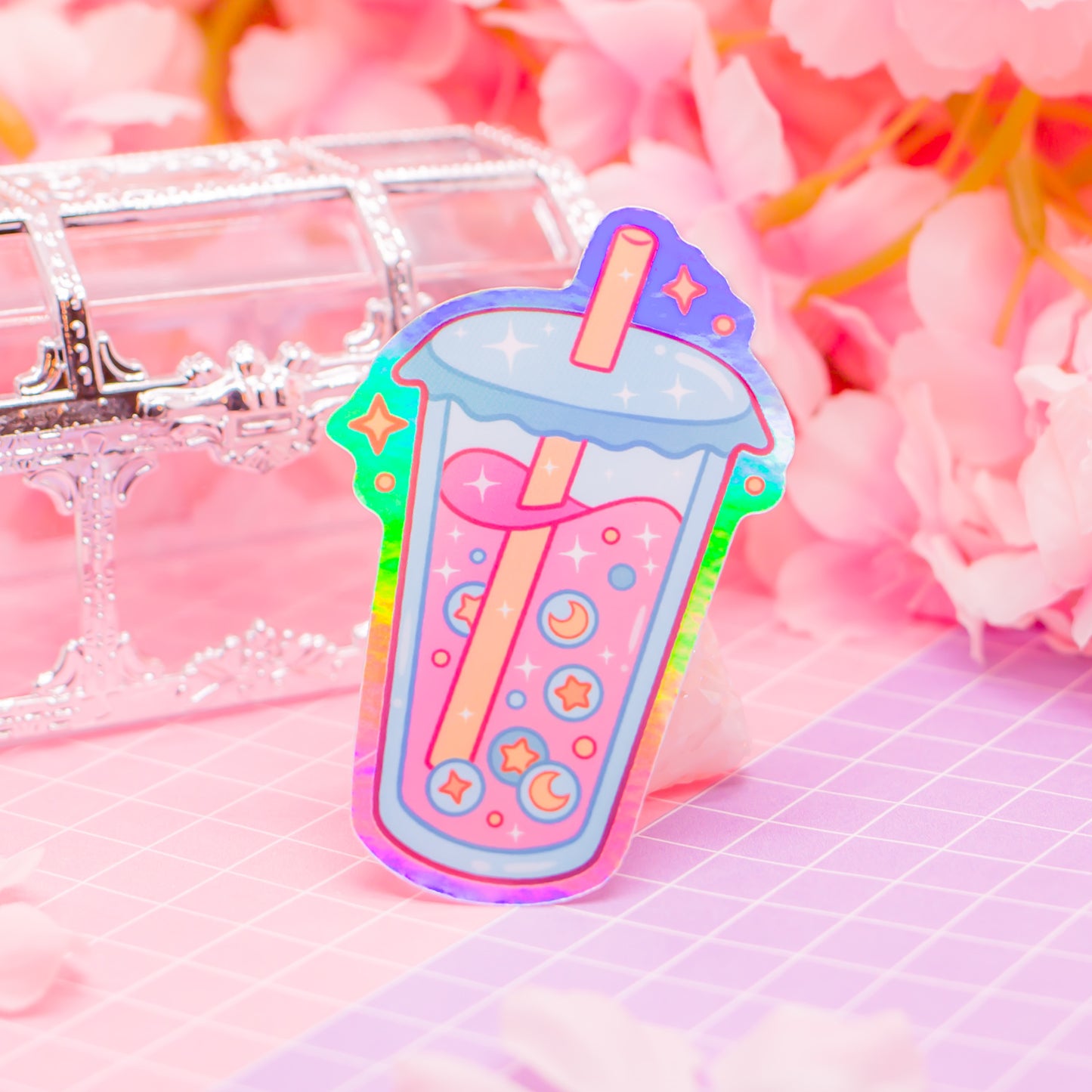 Cosmic Bubble Tea - holographic vinyl sticker