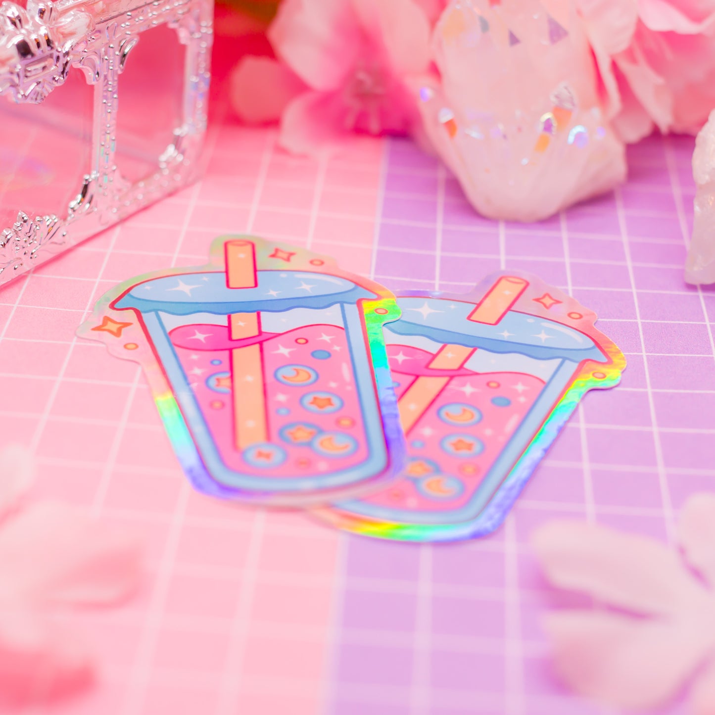 Cosmic Bubble Tea - holographic vinyl sticker