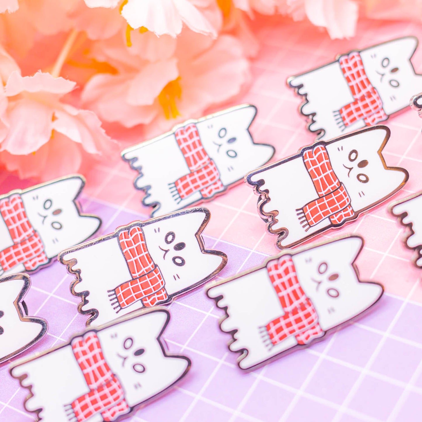 Spooky Town - cat ghost with autumn scarf enamel pin