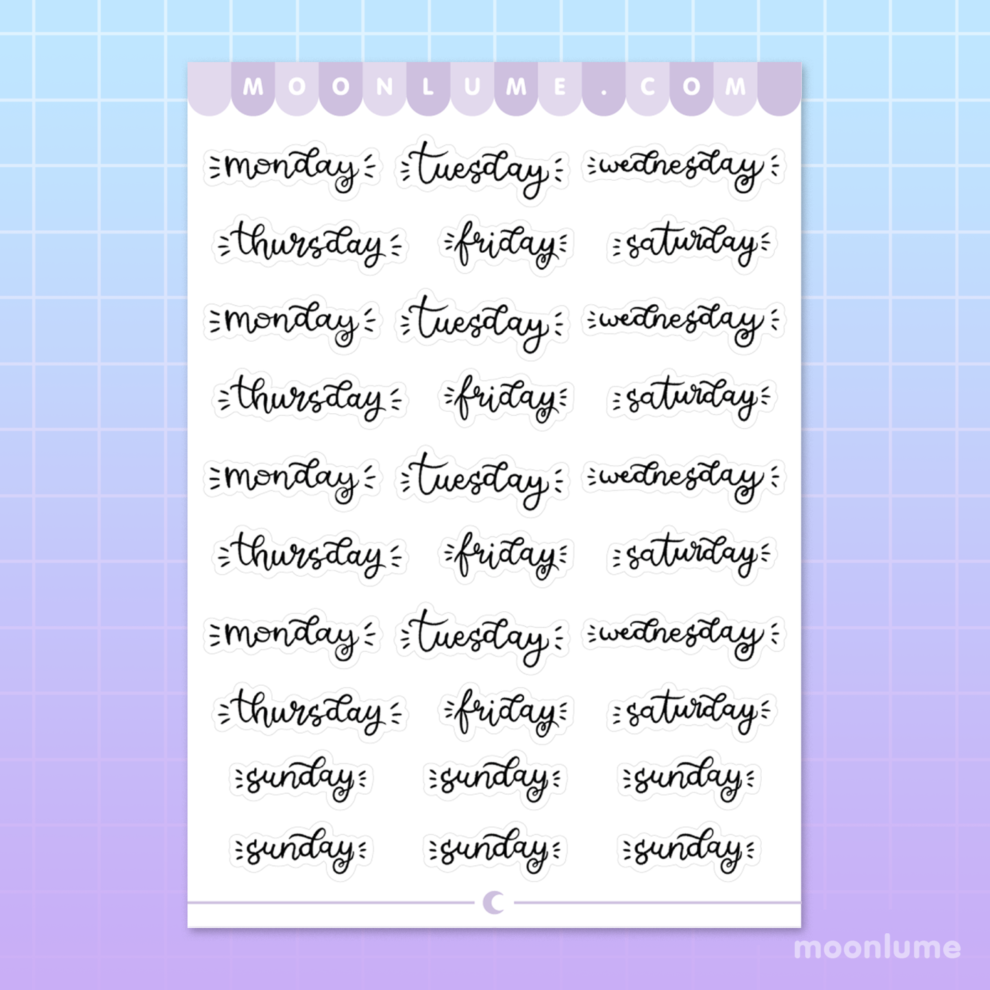 Days of the Week - weekdays matte vinyl sticker sheet