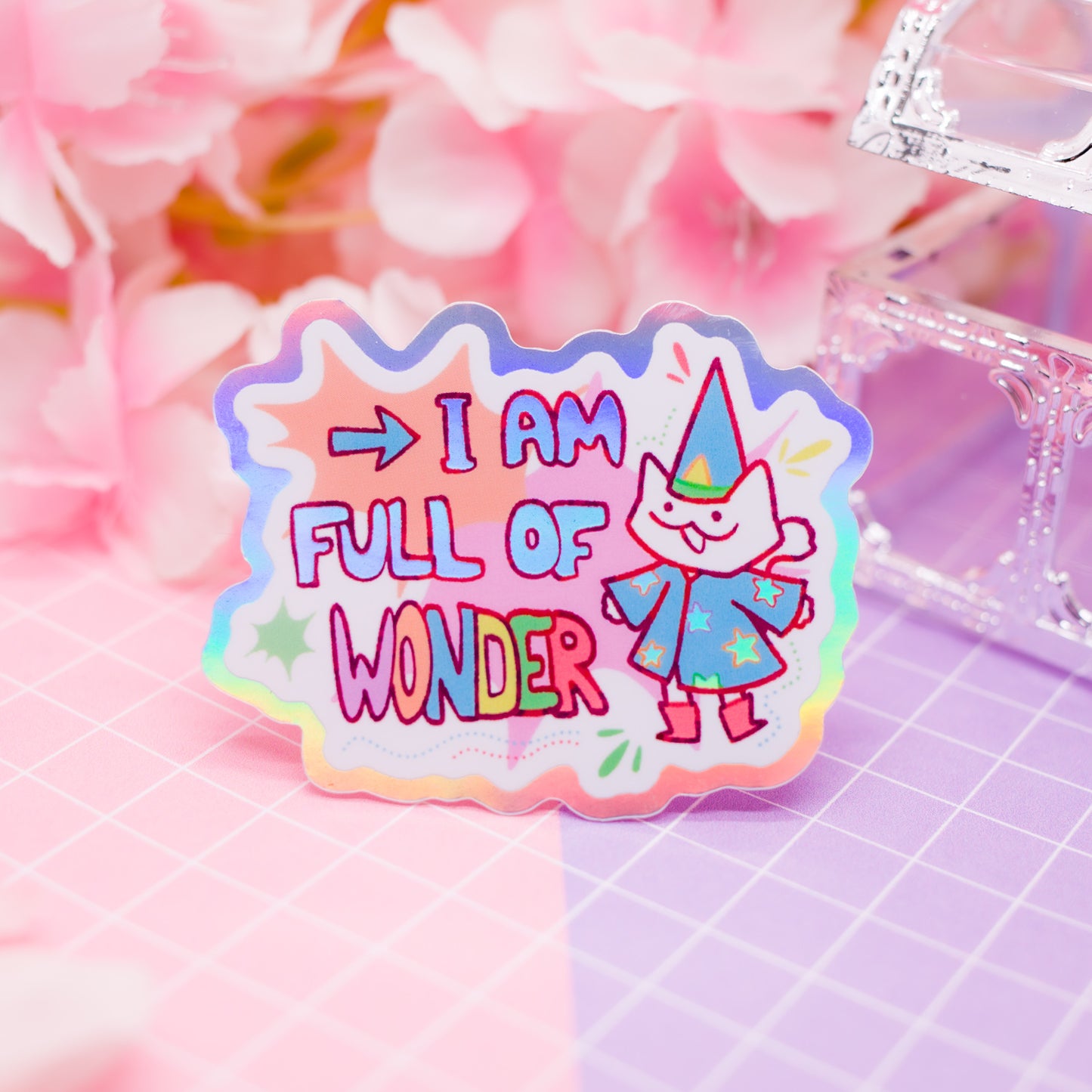 "I am full of WONDER" wizard cat holographic vinyl sticker