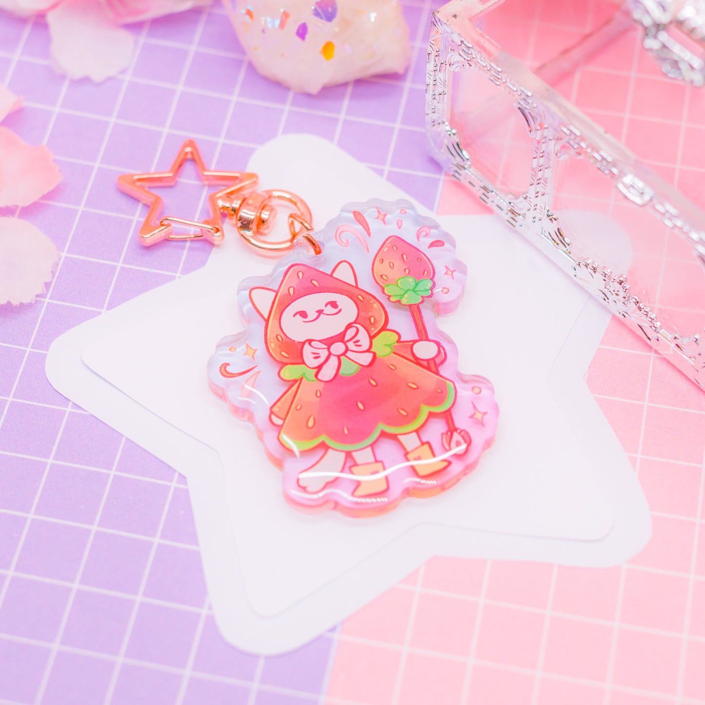 Strawberry Cat acrylic charm / keychain (gradient acrylic)