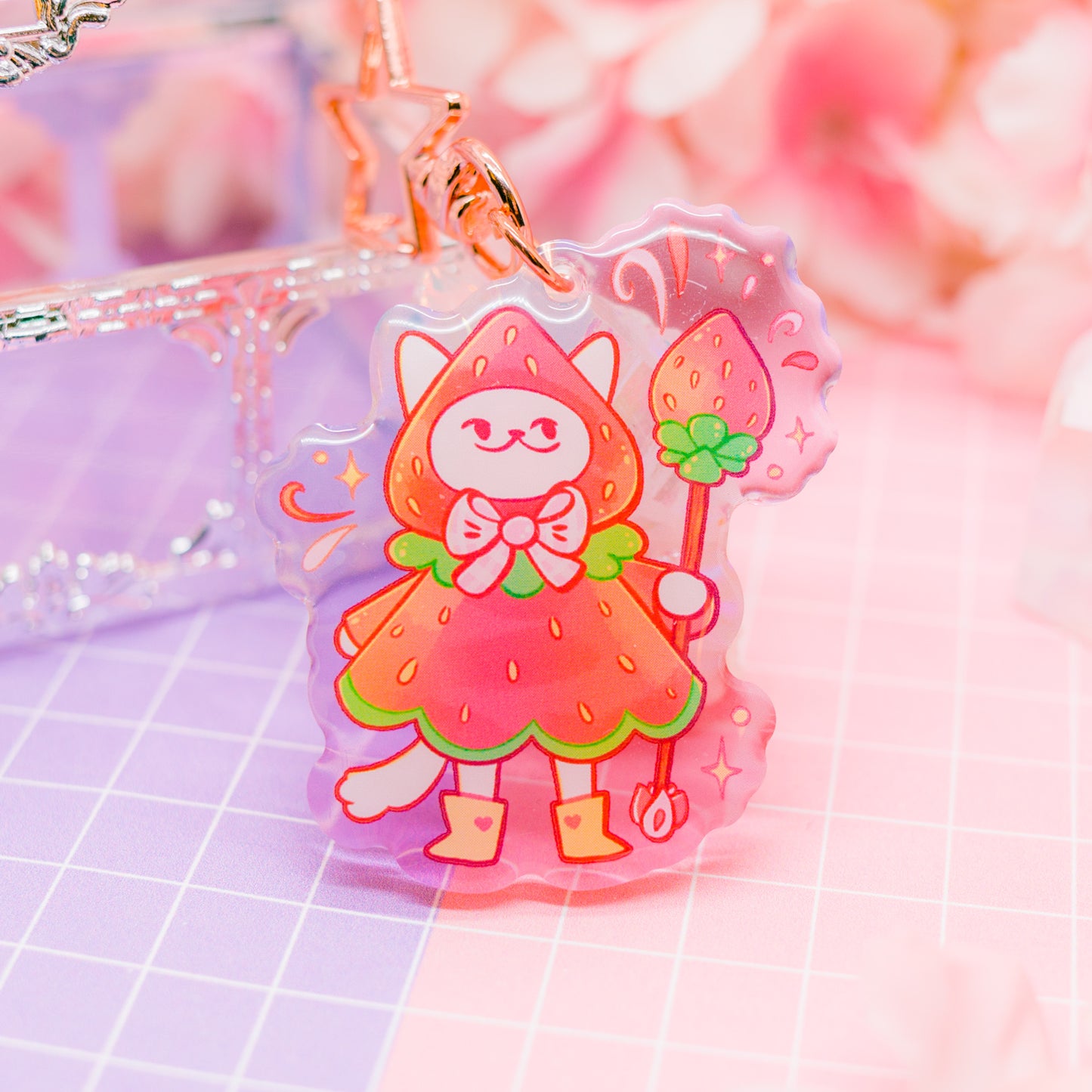 Strawberry Cat acrylic charm / keychain (gradient acrylic)