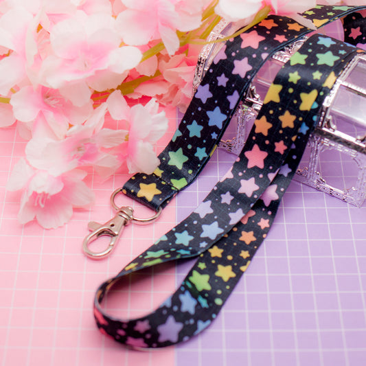 Rainbow Stars (dark) - colourful starry lanyard with lobster clasp