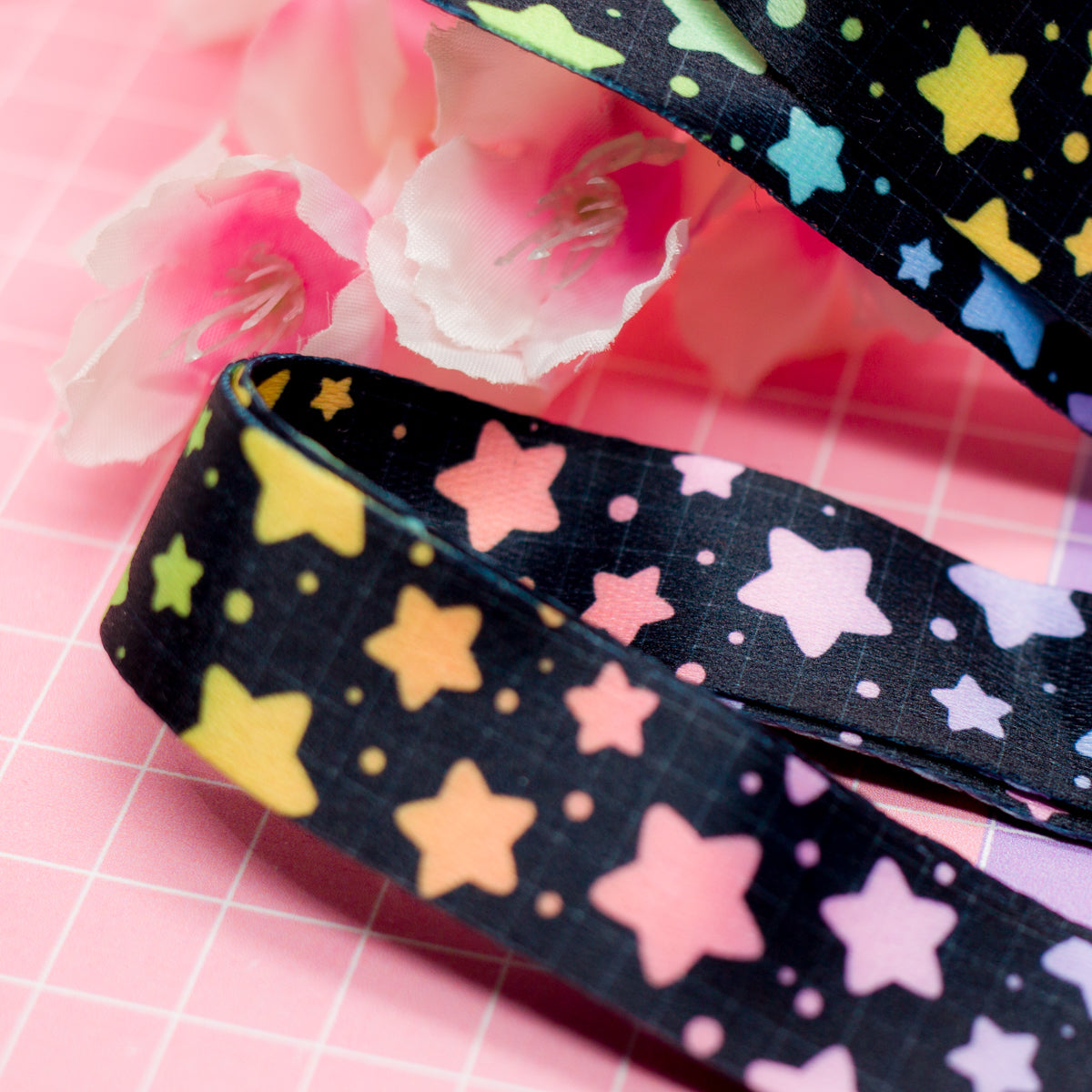 Rainbow Stars (dark) - colourful starry lanyard with lobster clasp