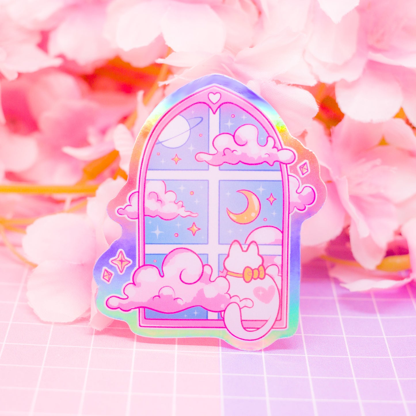 Dreamy Pastel Window Cat - holographic vinyl sticker