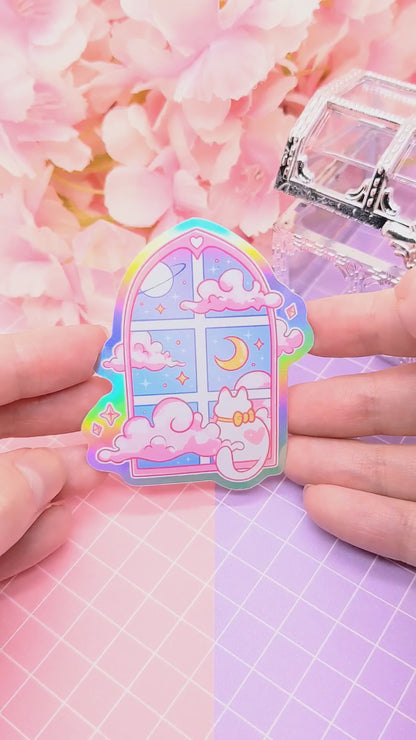 Dreamy Pastel Window Cat - holographic vinyl sticker