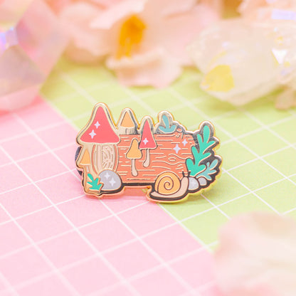 Tiny Forest - mushroom log enamel pin