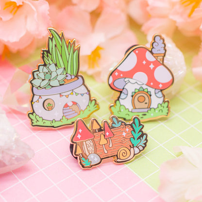 Tiny Forest - mushroom log enamel pin