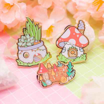 Tiny Forest - mushroom log enamel pin