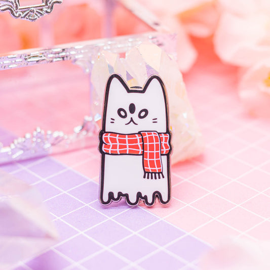 Spooky Town - cat ghost with autumn scarf enamel pin