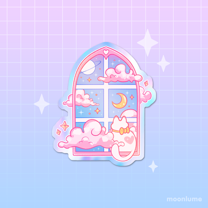 Dreamy Pastel Window Cat - holographic vinyl sticker