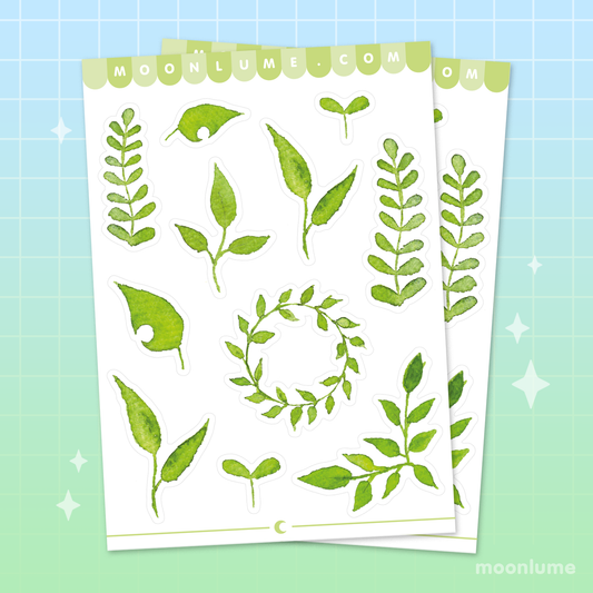 Watercolor Green Leaf Florals stickers - matte vinyl sticker sheet