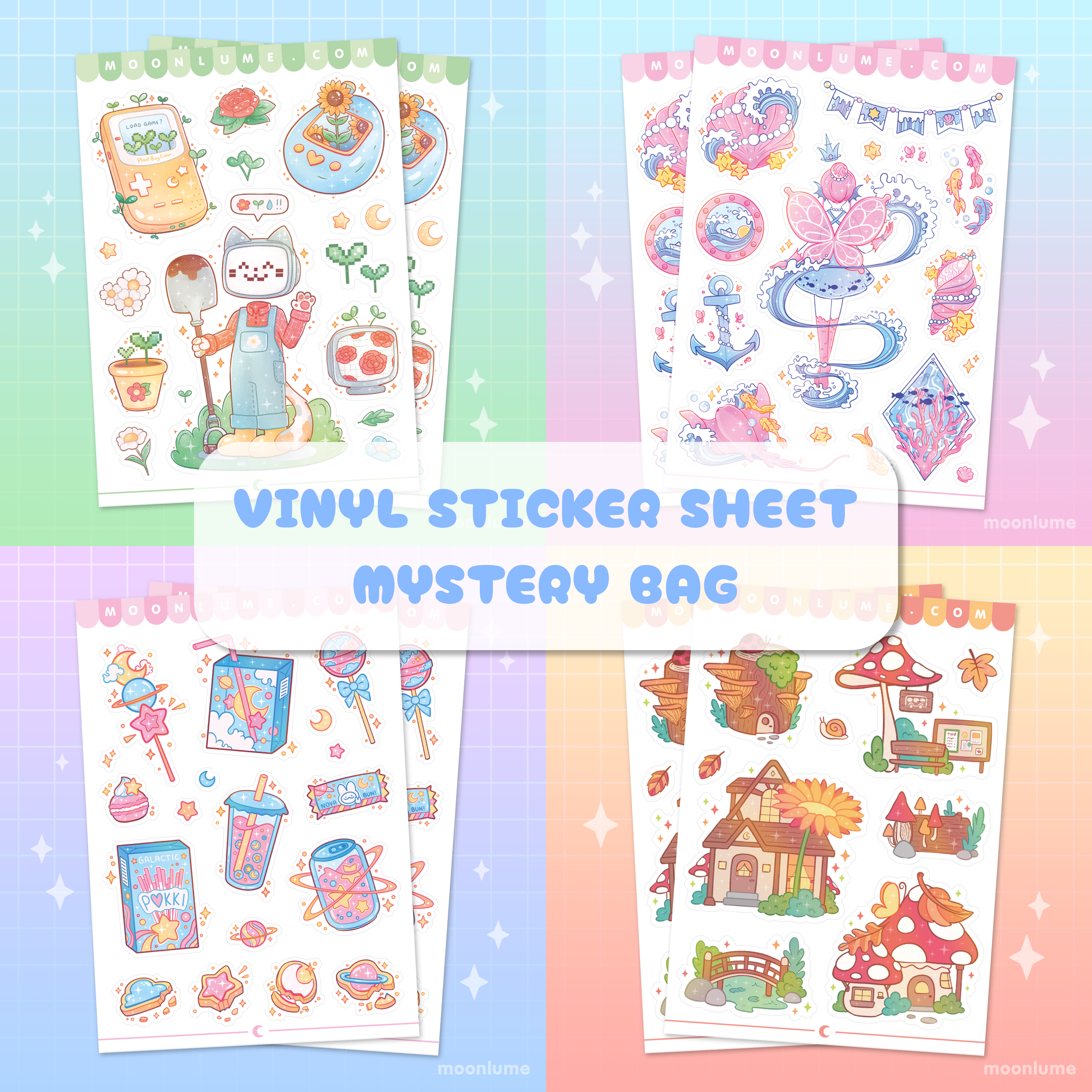 Random Sticker Sheets MYSTERY BAG - set of 5 random vinyl sticker sheets β Moonlume